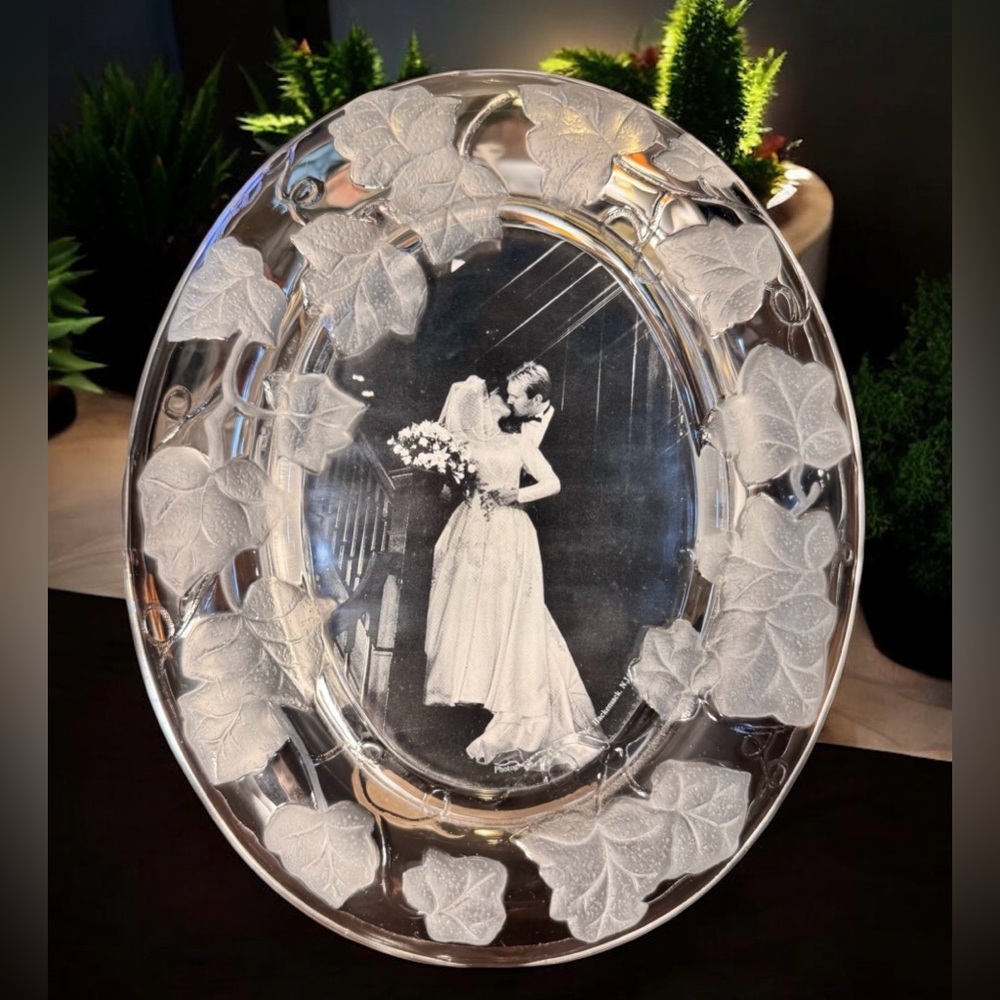 Glass Picture Frame Frosted Flowers Crystal Clear Signatures Japan 5x7 Oval -